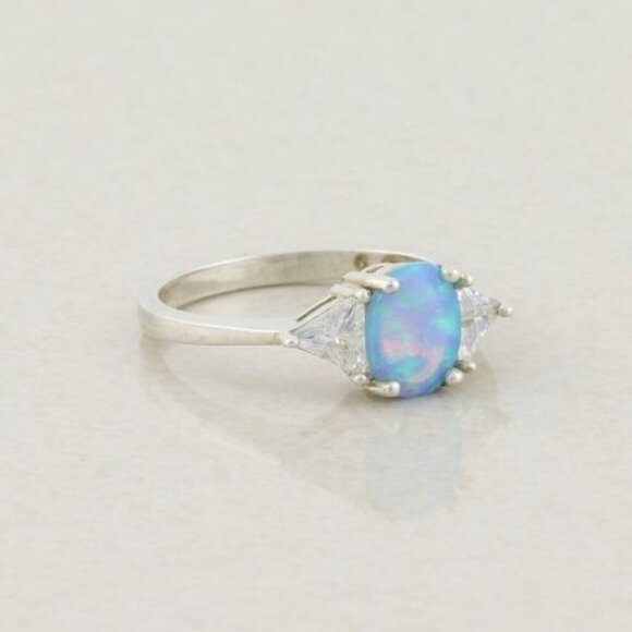 Sterling Silver Blue Opal and Cubic Zirconia Ring Size 6 1/4 - Picture 7 of 8